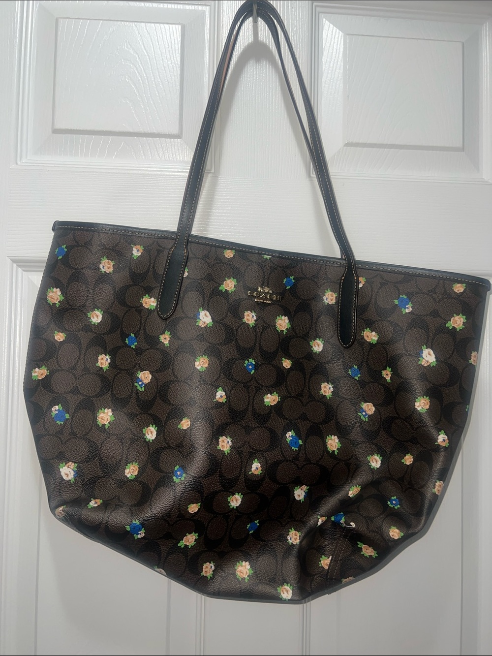 Coach Brown Signature Floral Tote with Blue and Cream Accents